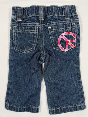AMY COE Baby Girls Peace Sign Embroidered Jeans 3-6M Y2K Boho Hippie Retro